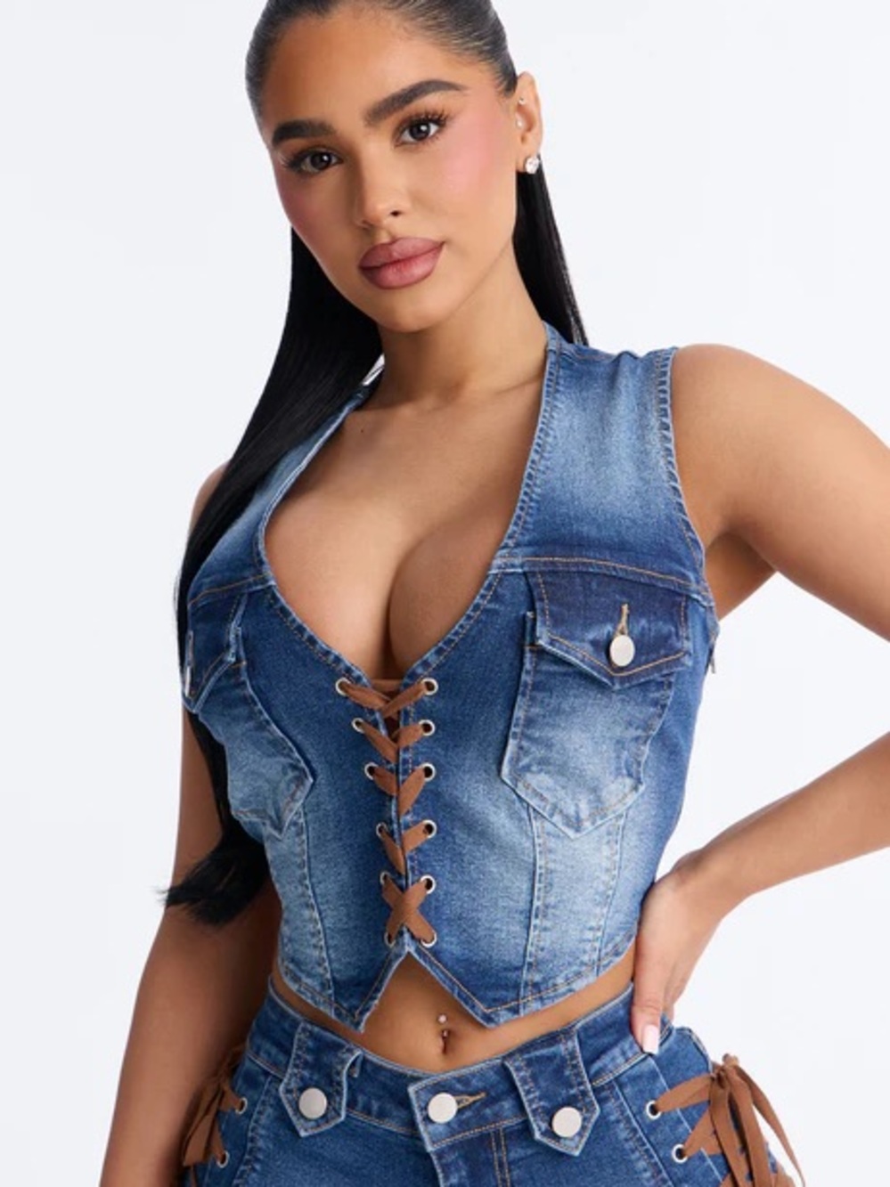 Fashion Nova Lace-Up Denim Corset Vest Top Y2K Western Cowgirl Jean Bustier
